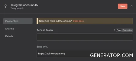 Telegram Credentials configuration window in n8n