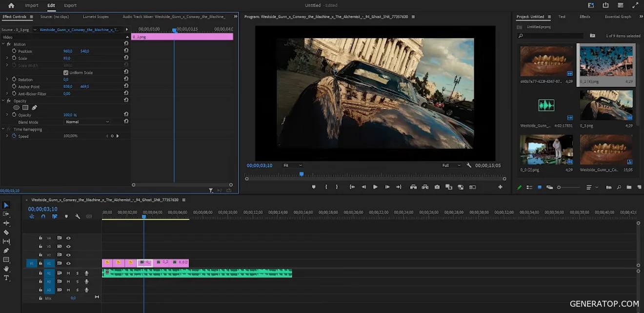 Arranging generated frames on the Premiere Pro timeline