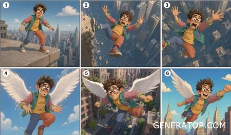 A six-frame storyboard for a future AI animation