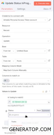 Configuring the Airtable node to update the record status