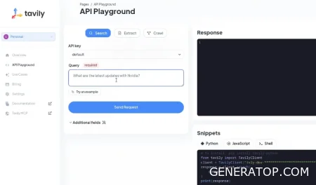Configuration of search query parameters, the “Finance” topic, and the “Advanced” depth setting in the Tavily Playground interface