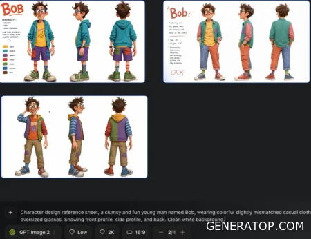 Bob’s character sheet with front, side, and back views