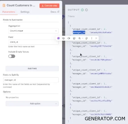 Aggregation node settings for grouping by Manager ID