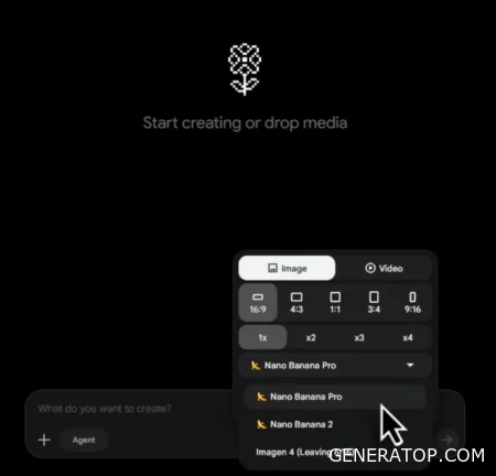 Selecting the 16:9 aspect ratio and the Nano Banana Pro model in Flow AI