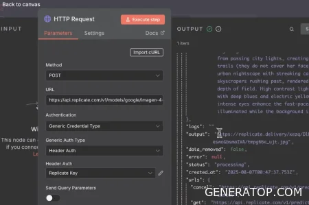 JSON response from Replicate with a link to the generated image