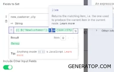 Configuring the Edit Field node with the expression first Json City