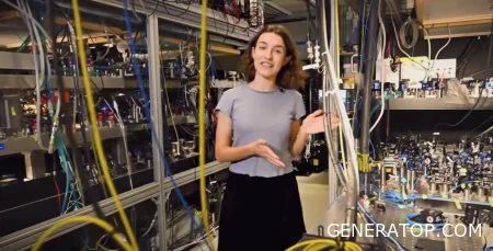 Server room with an IBM quantum computer and a blue laser for controlling qubits